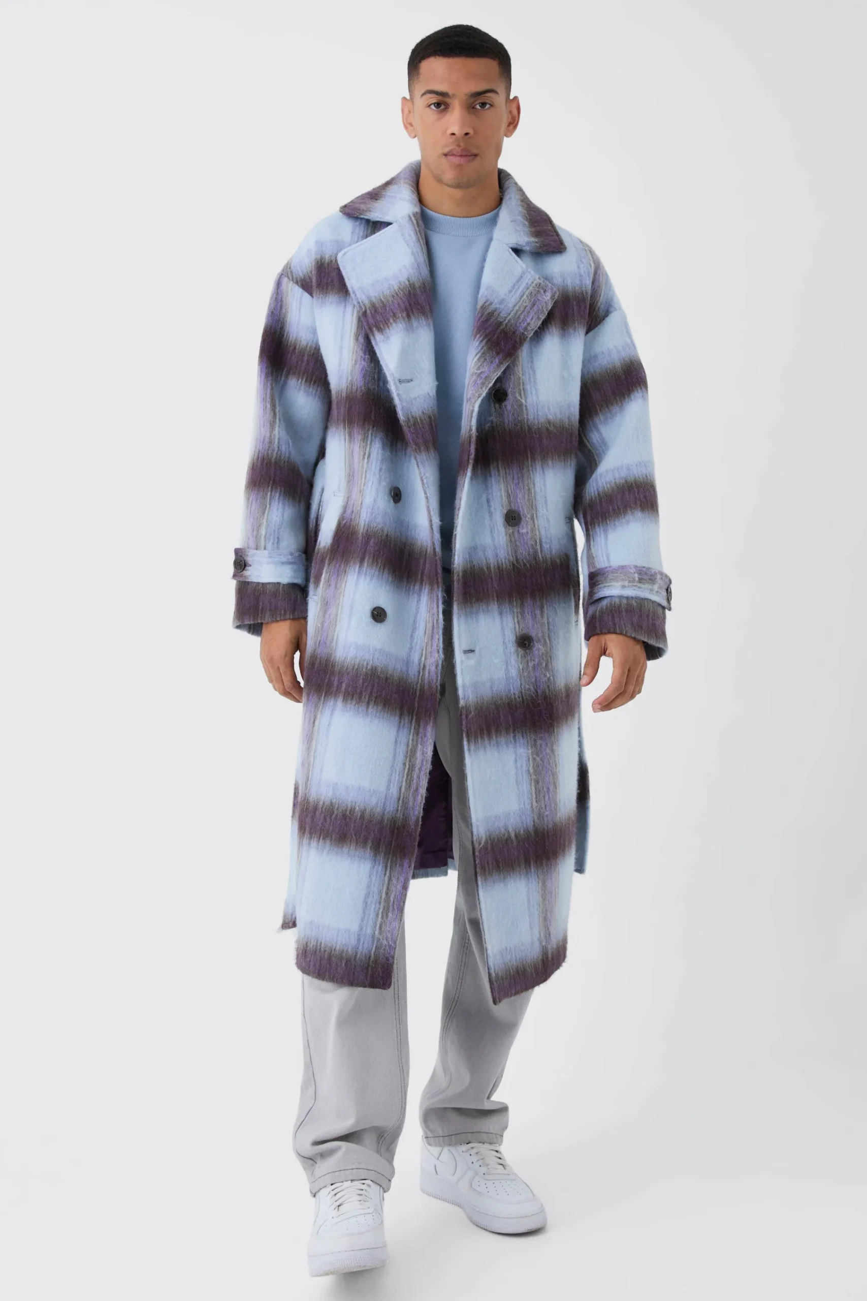 boohooMAN Oversized Double Breasted Brushed Check Overcoat In | UK| Coats & Jackets
