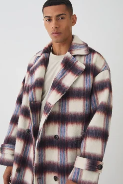 boohooMAN Oversized Double Breasted Brushed Check Overcoat In | UK| Coats & Jackets