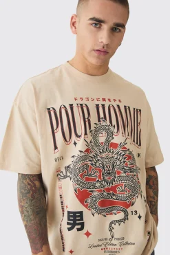 Oversized Dragon Print Wash T-shirt | UK^boohooMAN Online