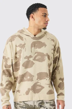 boohooMAN Oversized Drop Shoulder Face Jacquard Knit Hoodie | UK| Knitwear