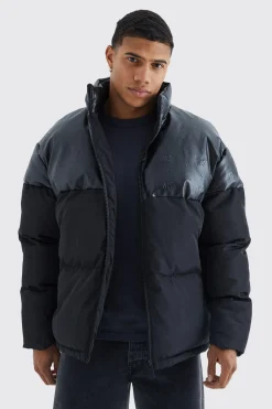 boohooMAN Oversized Embossed Pu & Nylon Puffer | UK| Coats & Jackets