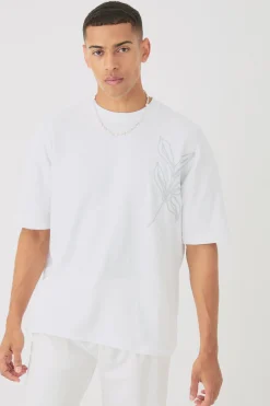 Oversized Embroidered Floral Line Slub T-shirt | UK^boohooMAN Online