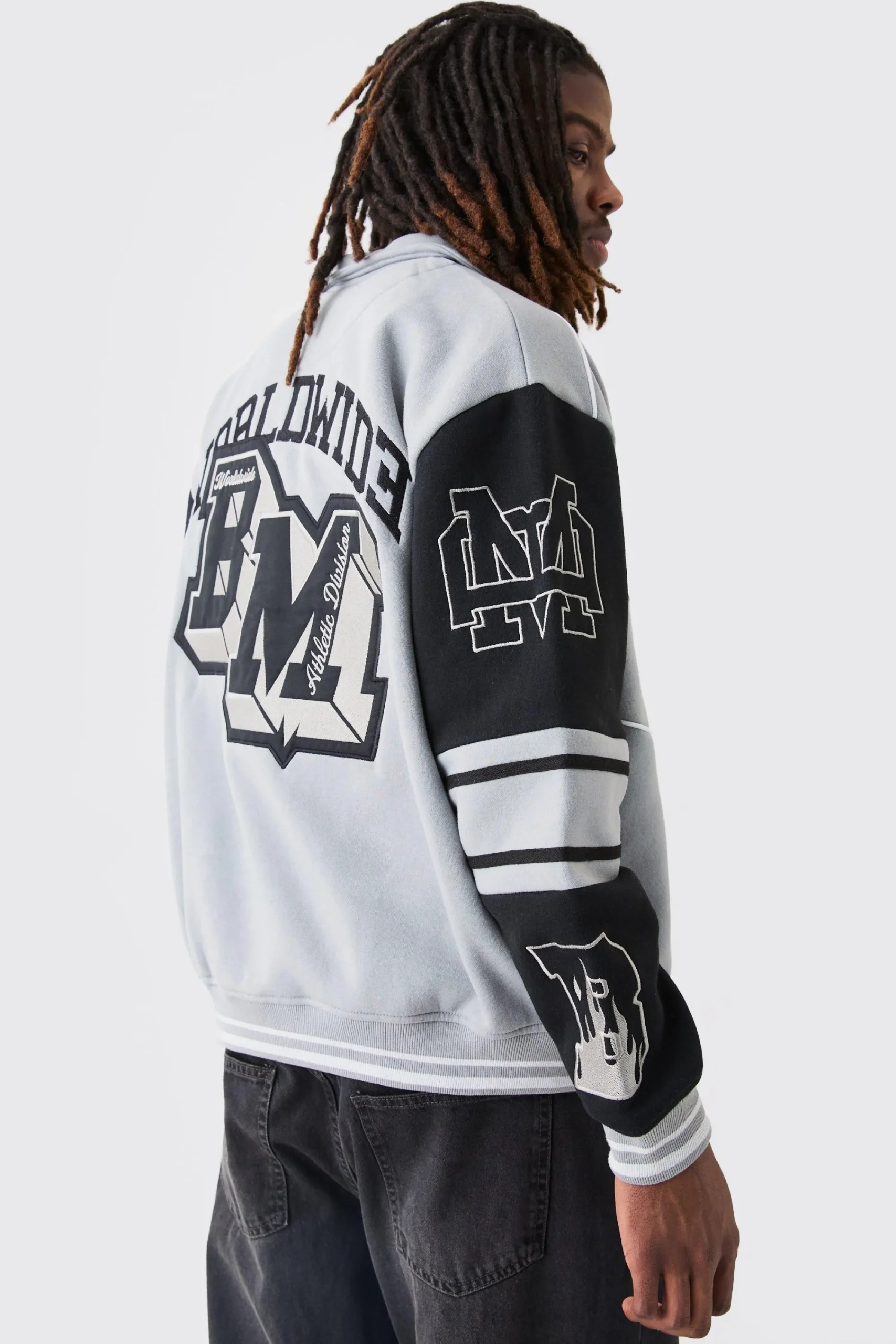 boohooMAN Oversized Embroidered Harrington Jersey Bomber Jacket | UK| Coats & Jackets