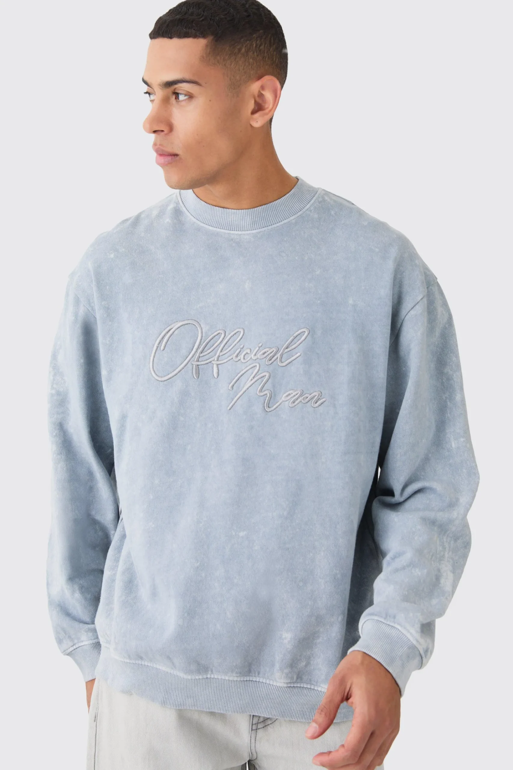 boohooMAN Oversized Extended Neck Acid Wash Embroidered Man Sweatshirt | UK| Hoodies & Sweatshirts
