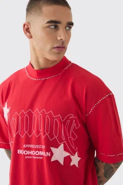 Oversized Extended Neck Applique Star Rhinestone T-shirt | UK^boohooMAN Outlet