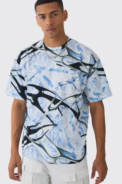 Oversized Extended Neck Abstract Print T-Shirt | UK^boohooMAN Sale
