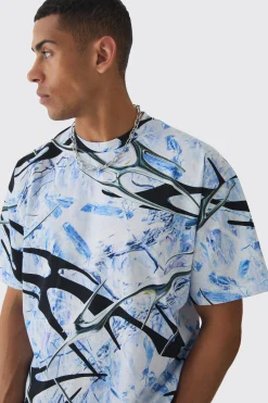 Oversized Extended Neck Abstract Print T-Shirt | UK^boohooMAN Sale