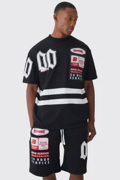 boohooMAN Oversized Extended Neck Boxy Applique Moto T-shirt & Short Set | UK| Sets & Co-Ords|Tracksuits