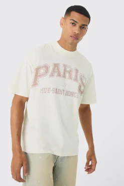 Oversized Extended Neck Boxy Paris Print T-Shirt | UK^boohooMAN Clearance