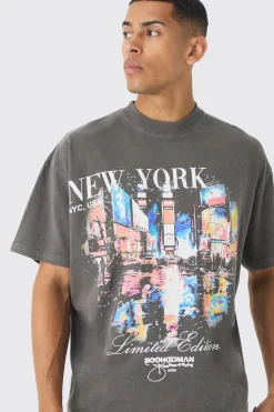 Oversized Extended Neck Boxy New York Wash Print T-Shirt | UK^boohooMAN Online