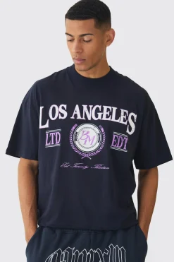 Oversized Extended Neck Boxy Los Angeles Print T-Shirt | UK^boohooMAN Sale