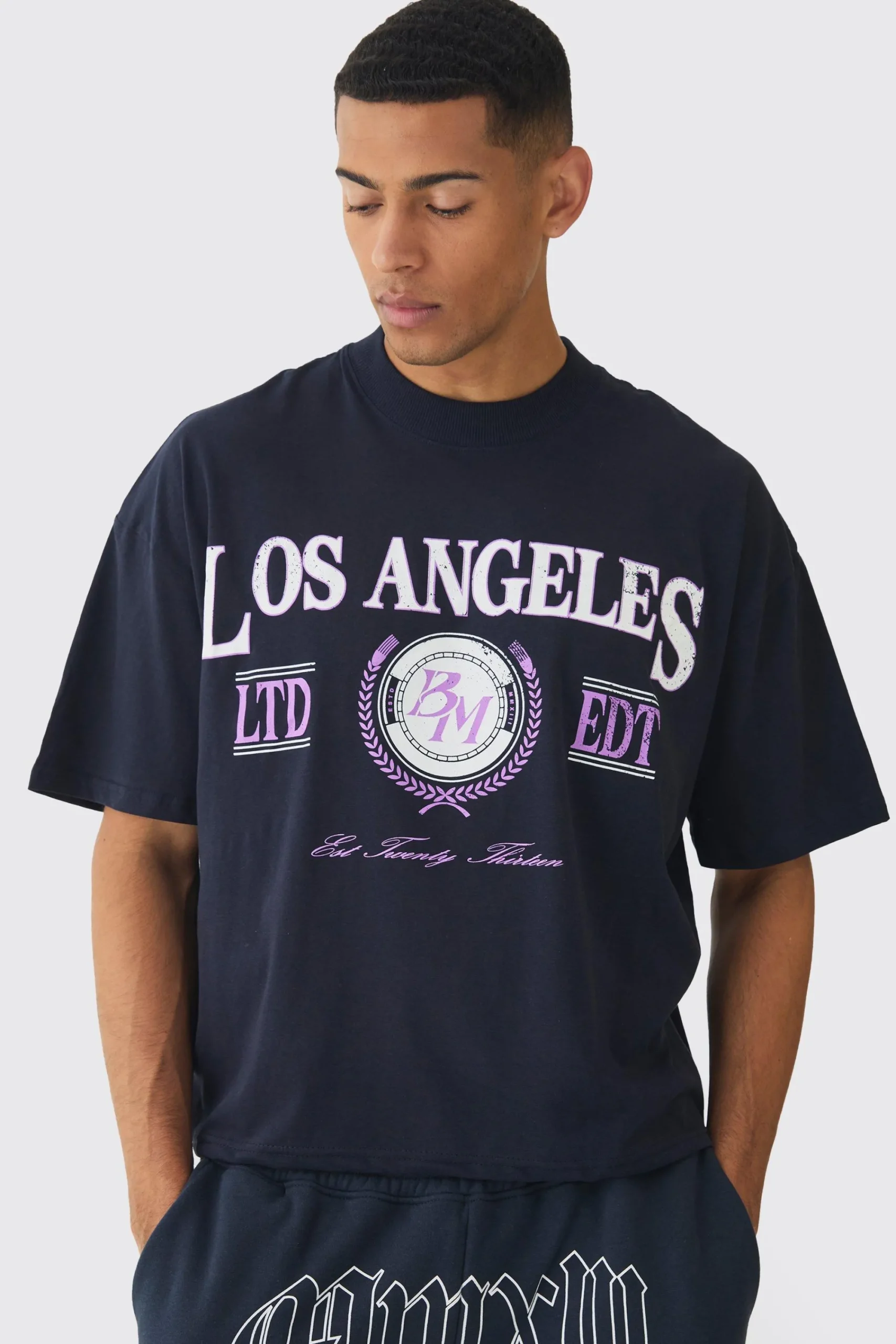 Oversized Extended Neck Boxy Los Angeles Print T-Shirt | UK^boohooMAN Sale