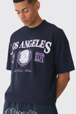 Oversized Extended Neck Boxy Los Angeles Print T-Shirt | UK^boohooMAN Sale