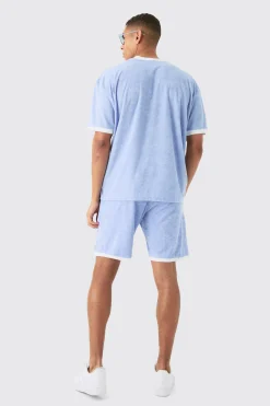 boohooMAN Oversized Extended Neck Contrast Towelling T-shirt & Shorts Set | UK| Tracksuits