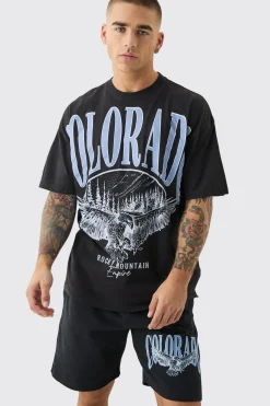 boohooMAN Oversized Extended Neck Colorado Large Graphic Shorts Set | UK| Sets & Co-Ords|Tracksuits