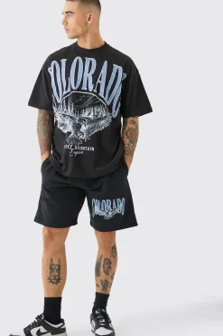 boohooMAN Oversized Extended Neck Colorado Large Graphic Shorts Set | UK| Sets & Co-Ords|Tracksuits