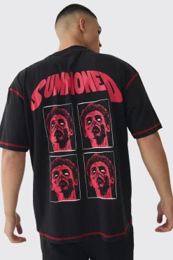 Oversized Extended Neck Contrast Stitch Summoned Print T-Shirt | UK^boohooMAN Sale