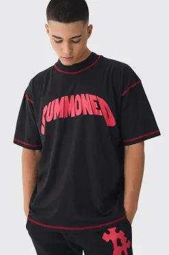 Oversized Extended Neck Contrast Stitch Summoned Print T-Shirt | UK^boohooMAN Sale