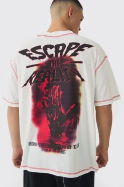 Oversized Extended Neck Contrast Stitch Graphic Print T-Shirt | UK^boohooMAN Best