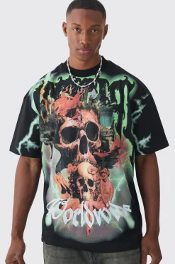 Oversized Extended Neck Extreme Skull Graphic T-shirt | UK^boohooMAN Online
