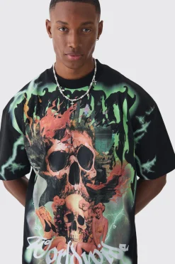 Oversized Extended Neck Extreme Skull Graphic T-shirt | UK^boohooMAN Online