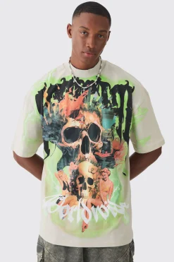 Oversized Extended Neck Extreme Skull Graphic T-shirt | UK^boohooMAN Online