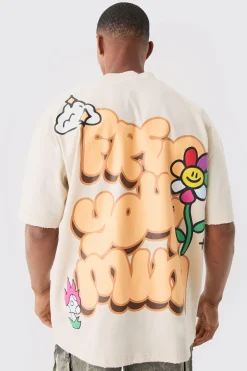 Oversized Extended Neck Flower Puff Print Distressed T-shirt | UK^boohooMAN Online