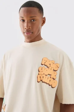 Oversized Extended Neck Flower Puff Print Distressed T-shirt | UK^boohooMAN Online