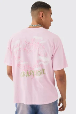 Oversized Extended Neck Flame Heart Wash Back Print T-shirt | UK^boohooMAN Outlet