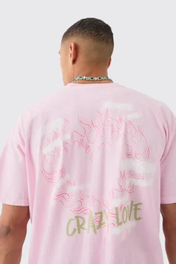 Oversized Extended Neck Flame Heart Wash Back Print T-shirt | UK^boohooMAN Outlet