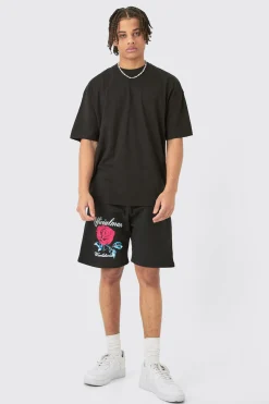 boohooMAN Oversized Extended Neck Floral Large Graphic Shorts Set | UK| Sets & Co-Ords|Tracksuits