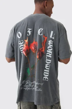 Oversized Extended Neck Flame Rose Print Washed T-shirt | UK^boohooMAN Outlet