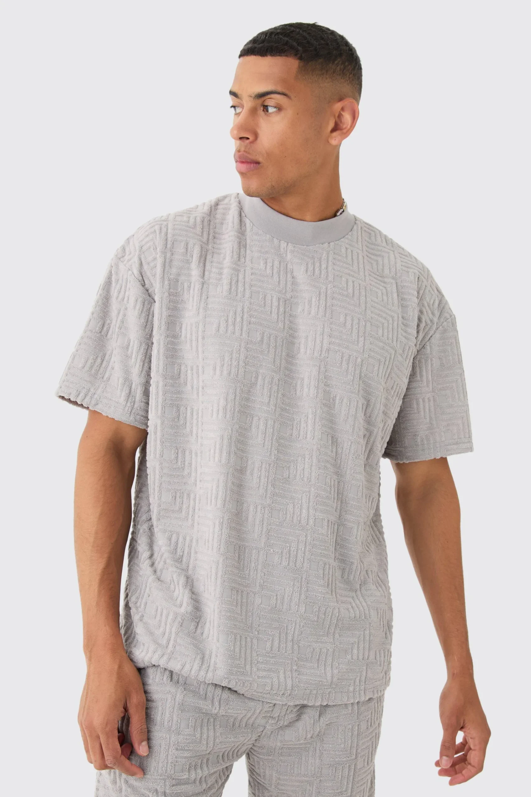 Oversized Extended Neck Geo Towelling Jacquard T-shirt | UK^boohooMAN Best