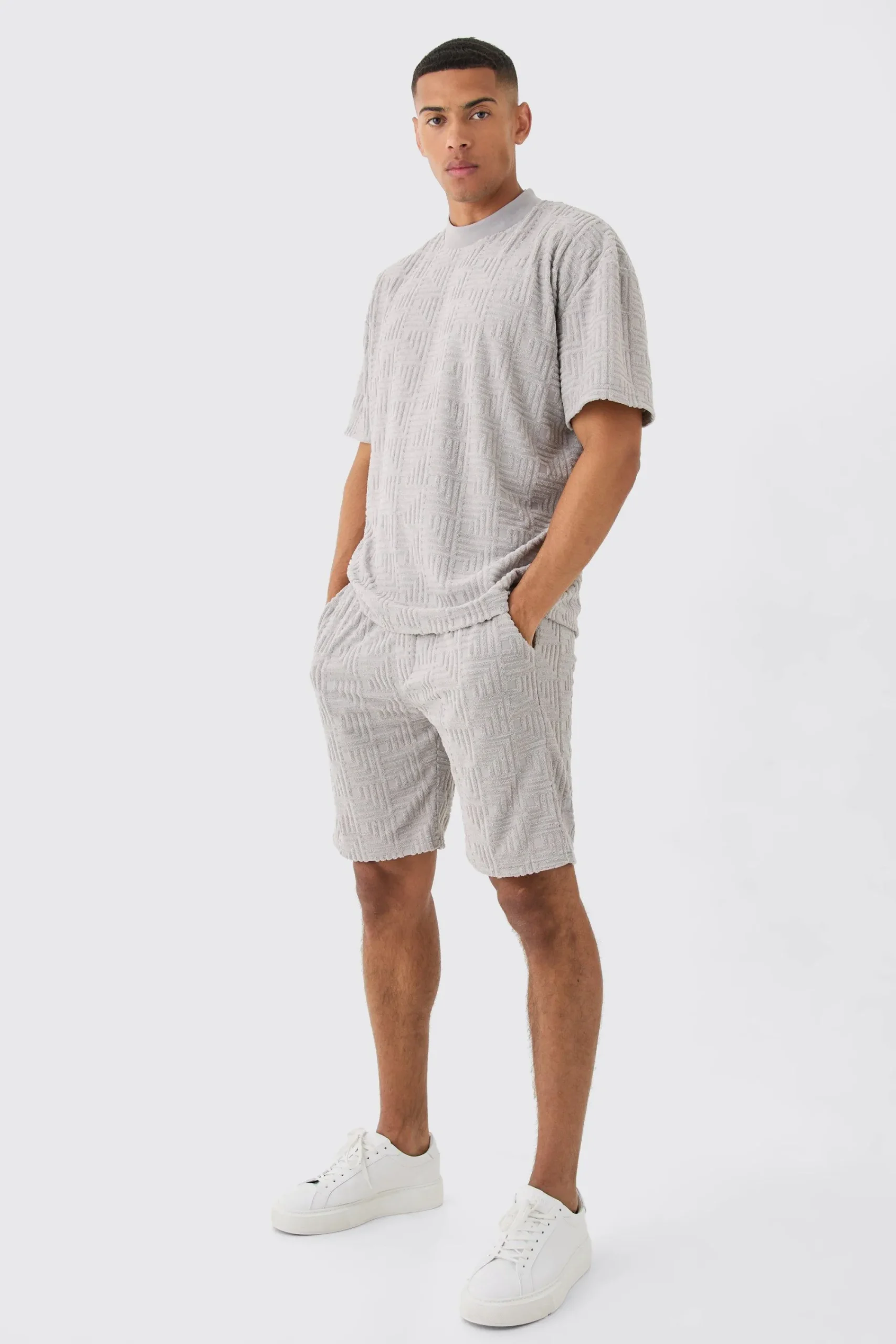 Oversized Extended Neck Geo Towelling Jacquard T-shirt | UK^boohooMAN Best