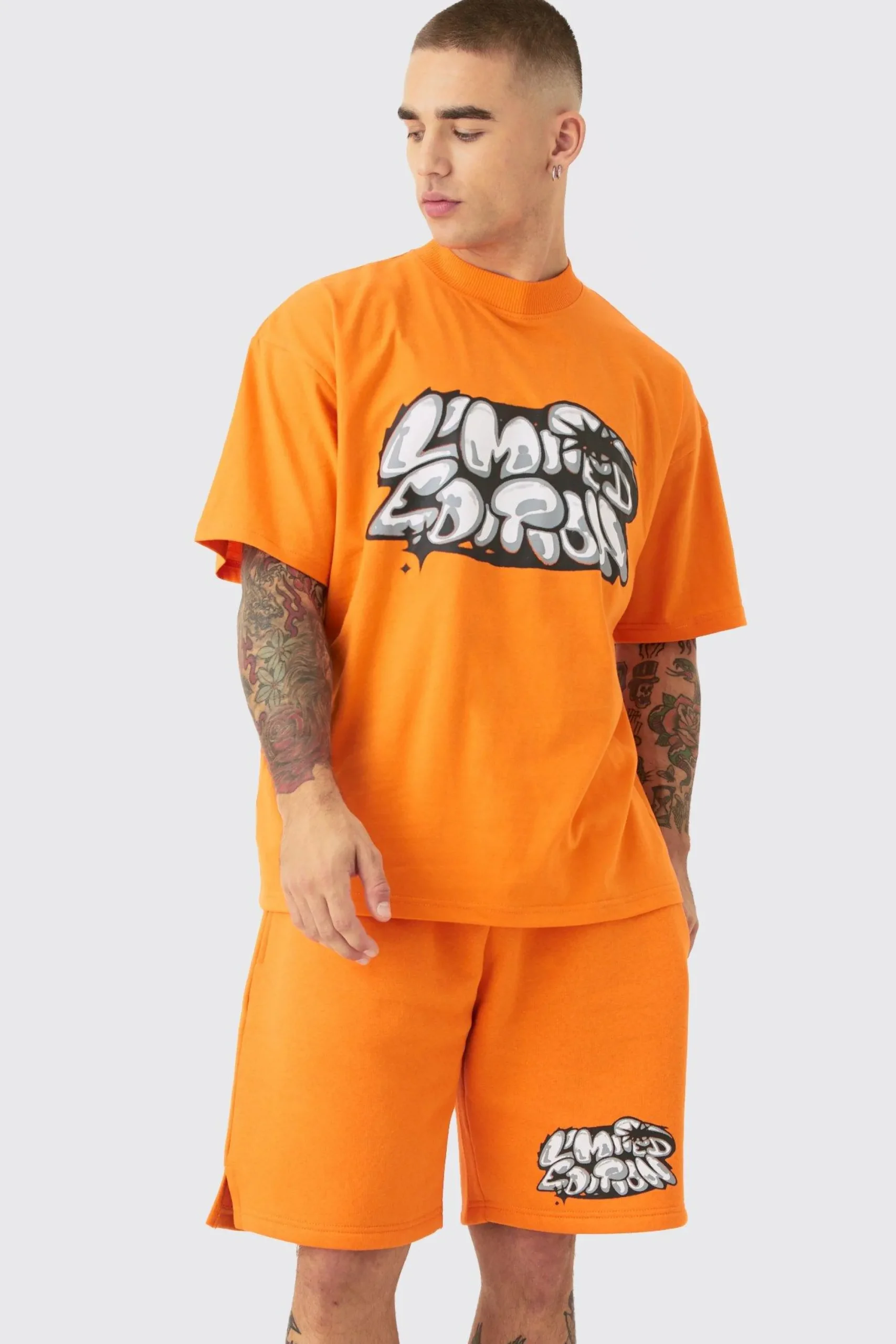 boohooMAN Oversized Extended Neck Graffiti T-shirt And Short Set | UK| Sets & Co-Ords|Tracksuits