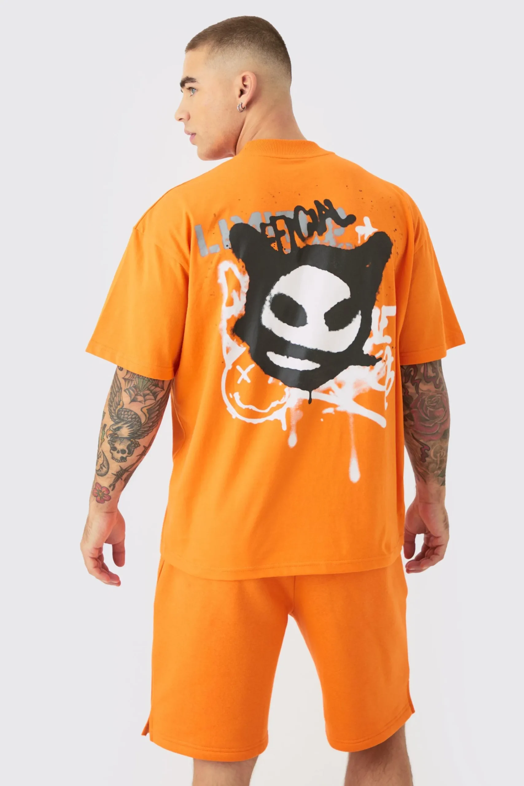 boohooMAN Oversized Extended Neck Graffiti T-shirt And Short Set | UK| Sets & Co-Ords|Tracksuits