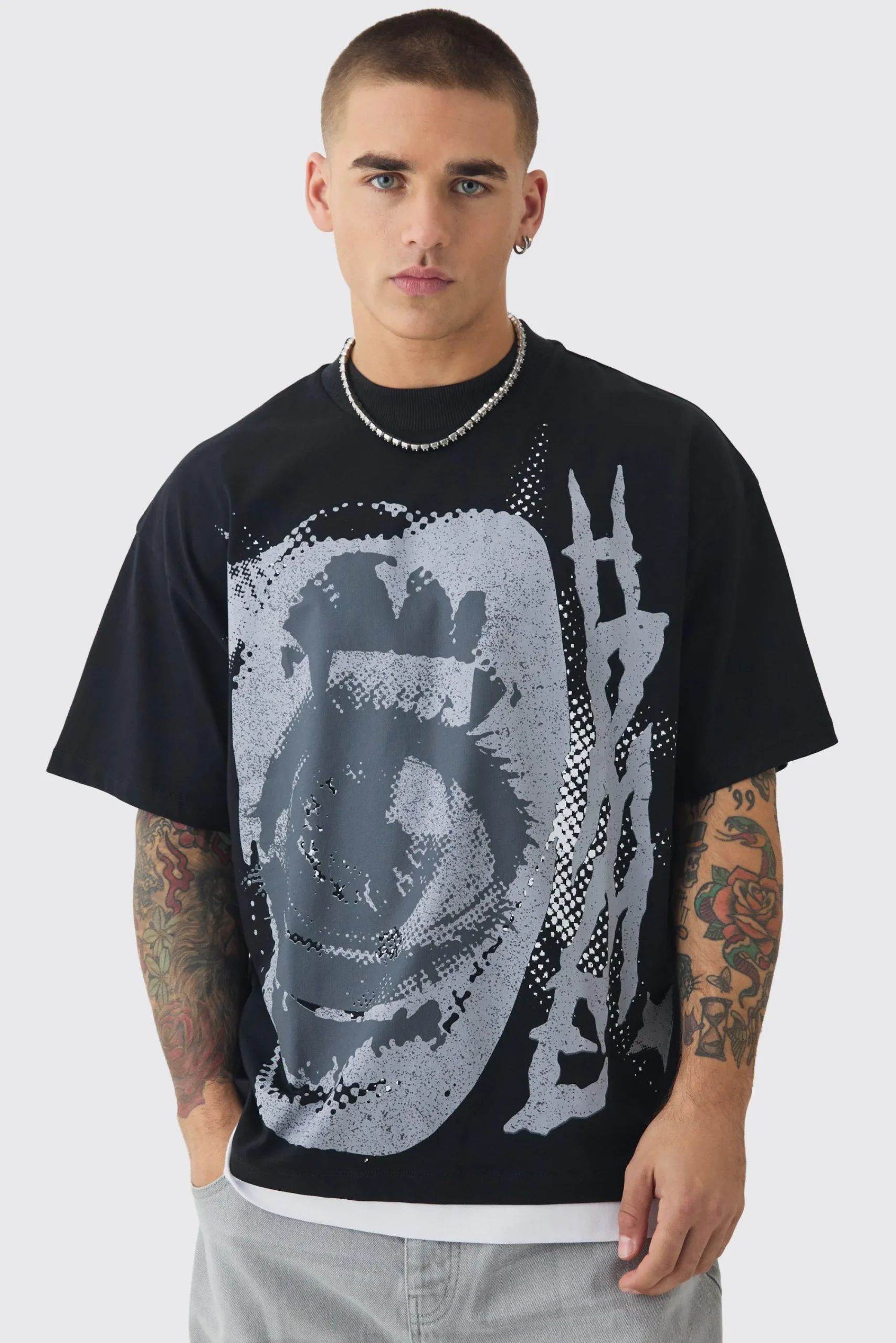 Oversized Extended Neck Graphic Faux Layer T-shirt | UK^boohooMAN Sale