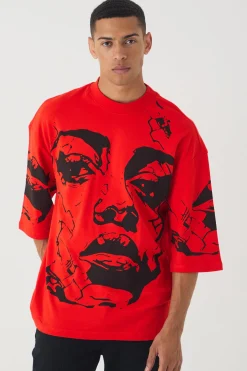 Oversized Extended Neck Heavyweight Interlock Face Print T-shirt | UK^boohooMAN Online