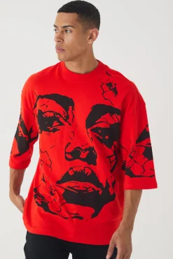 Oversized Extended Neck Heavyweight Interlock Face Print T-shirt | UK^boohooMAN Online