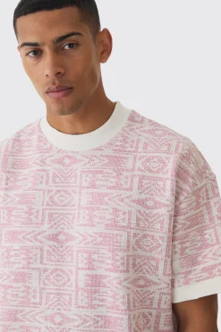 Oversized Extended Neck Jacquard Aztec Contrast Hems T-shirt | UK^boohooMAN Outlet