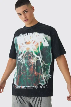 Oversized Extended Neck Large Scale Summoned Print Acid Wash T-Shirt | UK^boohooMAN Outlet