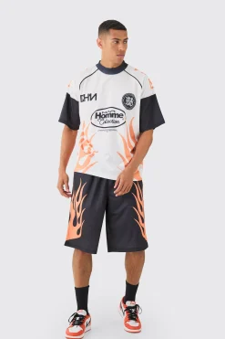 boohooMAN Oversized Extended Neck Mesh Flame T-shirt & Jorts Set | UK| Shorts|Sets & Co-Ords
