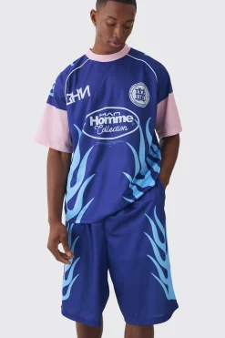 boohooMAN Oversized Extended Neck Mesh Flame T-shirt & Jort Set | UK| Shorts|Sets & Co-Ords