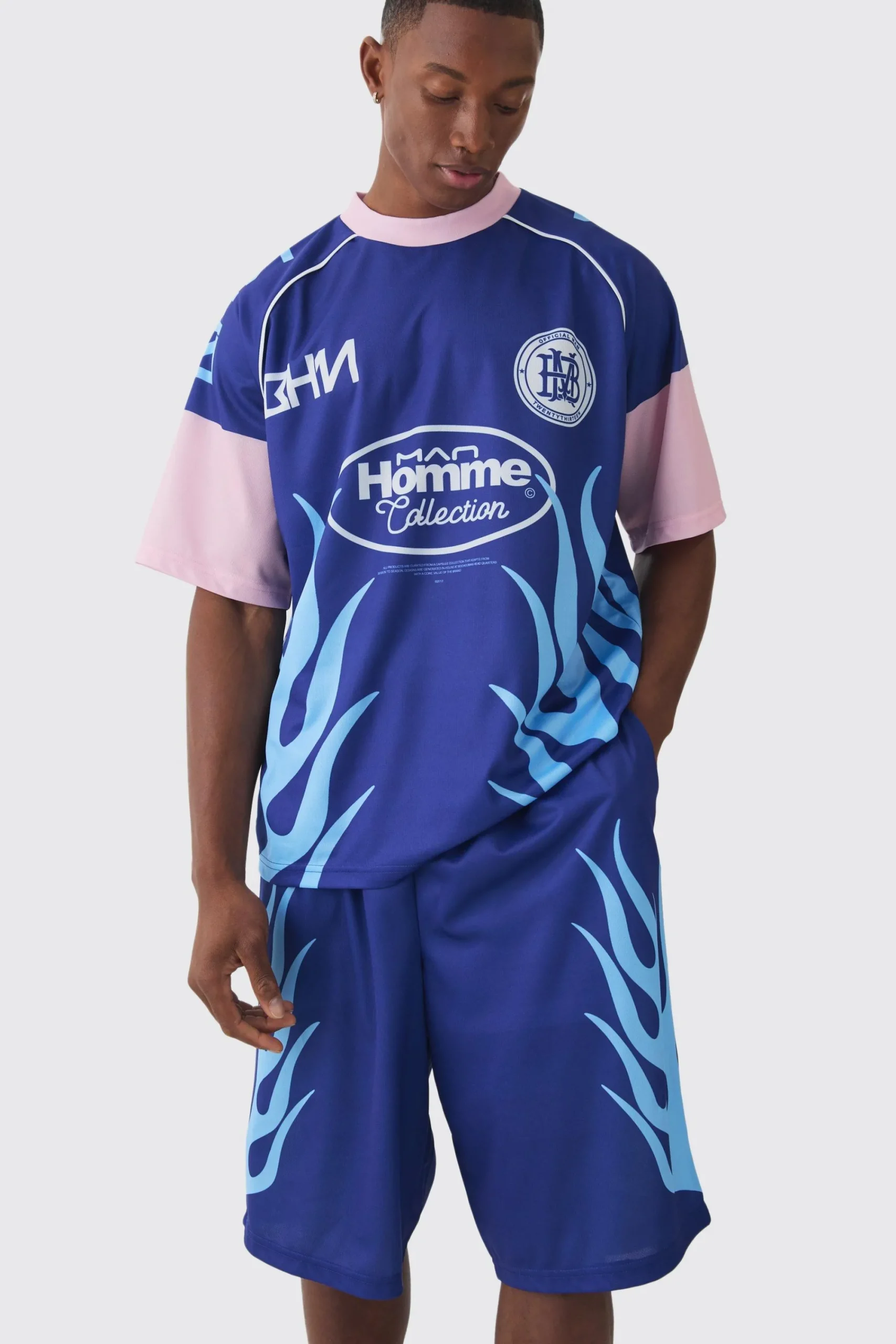 boohooMAN Oversized Extended Neck Mesh Flame T-shirt & Jort Set | UK| Shorts|Sets & Co-Ords