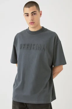 Oversized Extended Neck Official Embossed T-shirt | UK^boohooMAN Online