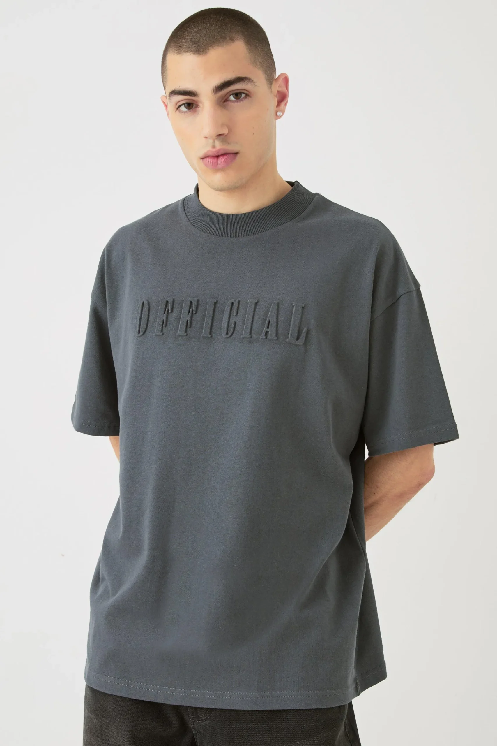 Oversized Extended Neck Official Embossed T-shirt | UK^boohooMAN Online