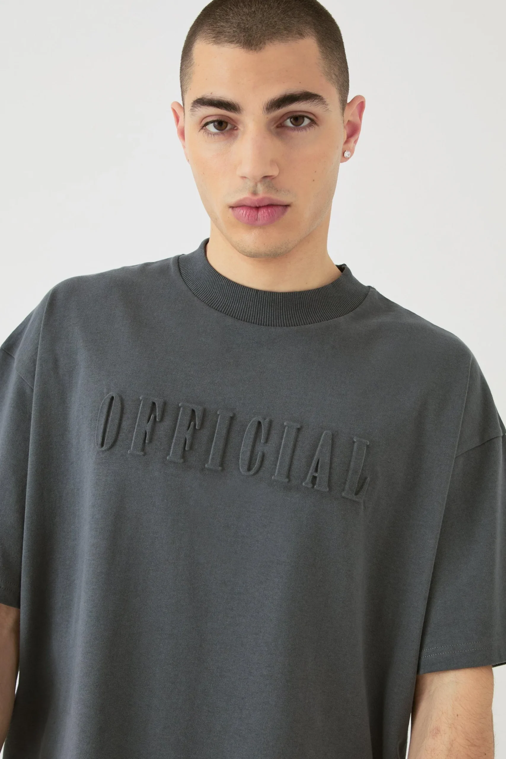 Oversized Extended Neck Official Embossed T-shirt | UK^boohooMAN Online