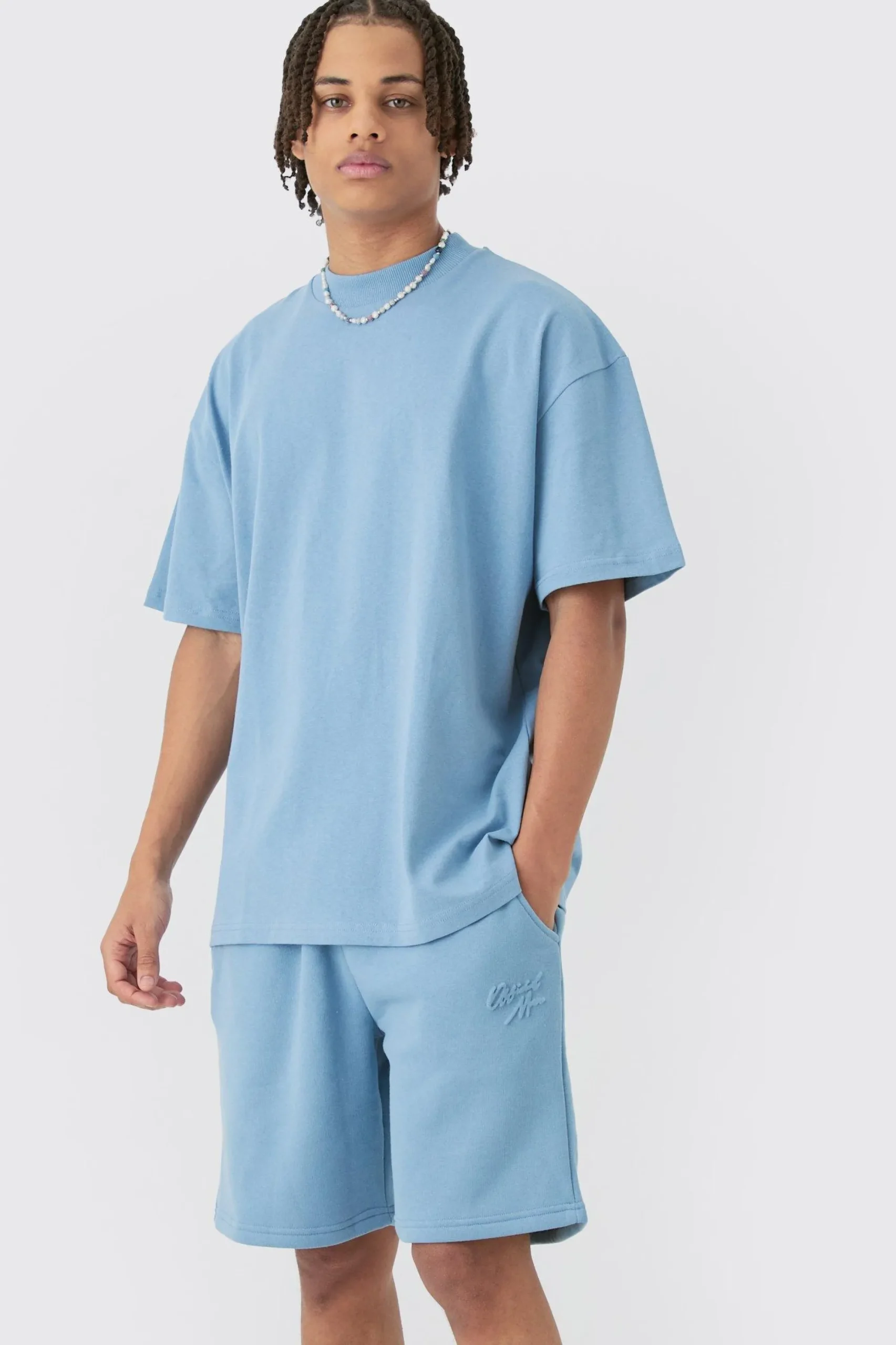 boohooMAN Oversized Extended Neck Official Man Embossed T-shirt & Short Set | UK| Sets & Co-Ords|Tracksuits