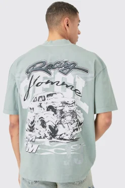 Oversized Extended Neck OFCL Racing Acid Wash T-shirt | UK^boohooMAN Hot