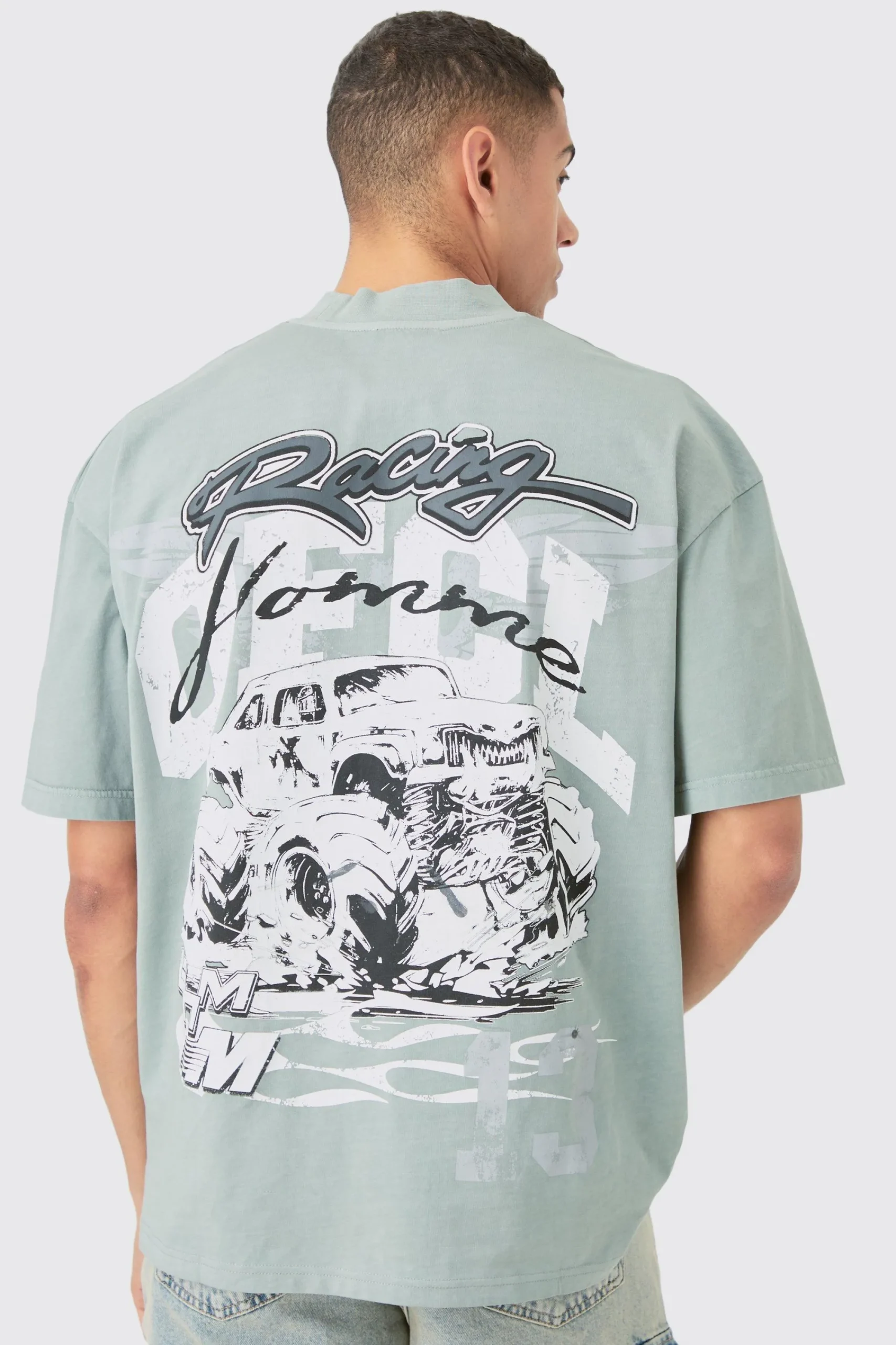 Oversized Extended Neck OFCL Racing Acid Wash T-shirt | UK^boohooMAN Hot